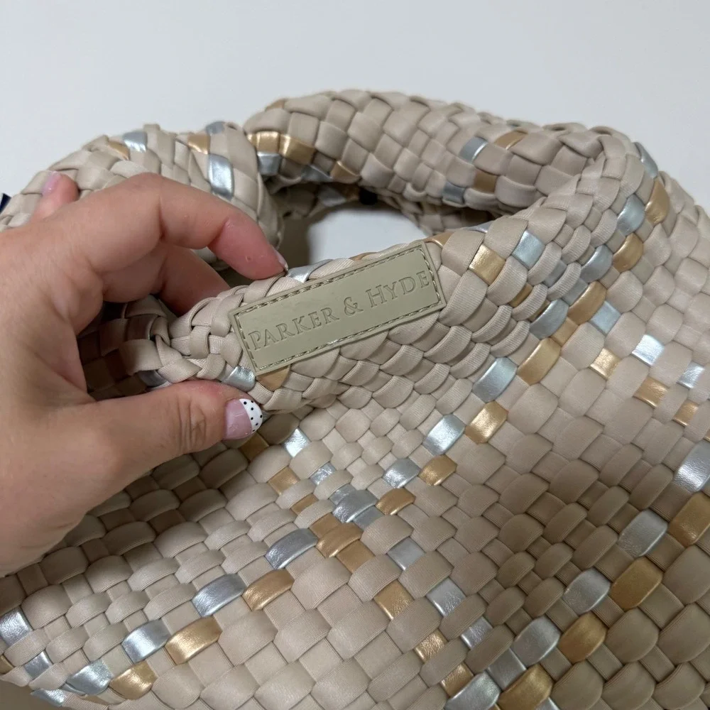 NWT Parker & Hyde Woven Knot Metallic Accent Hobo Handbag Size OS Beige Gold